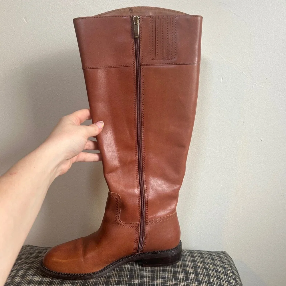 Franco Sarto Tall Riding Boots Womens 7.5 Cognac Leather Wide Calf Equestrian - Picture 2 of 5